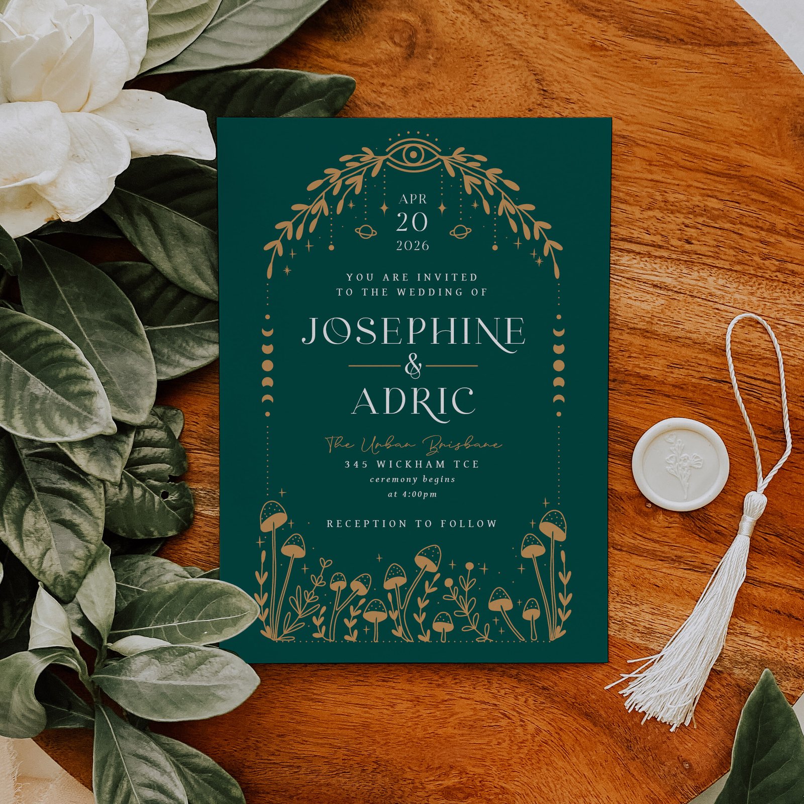 Emerald Woodland Celestial Wedding Invitation