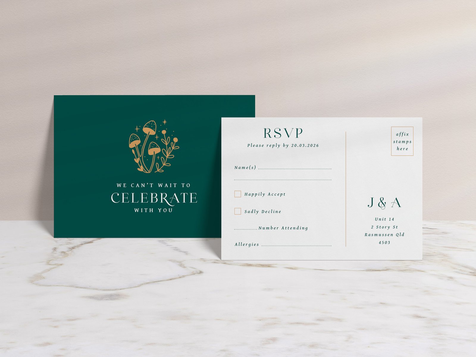 Emerald Woodland Celestial Wedding RSVP Cart
