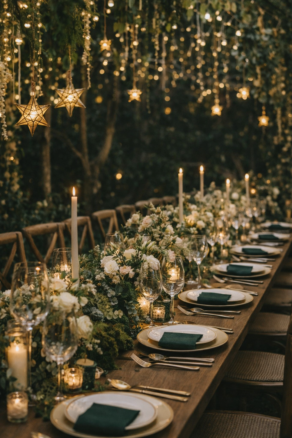 Emerald Woodland Celestial Wedding Table Setting