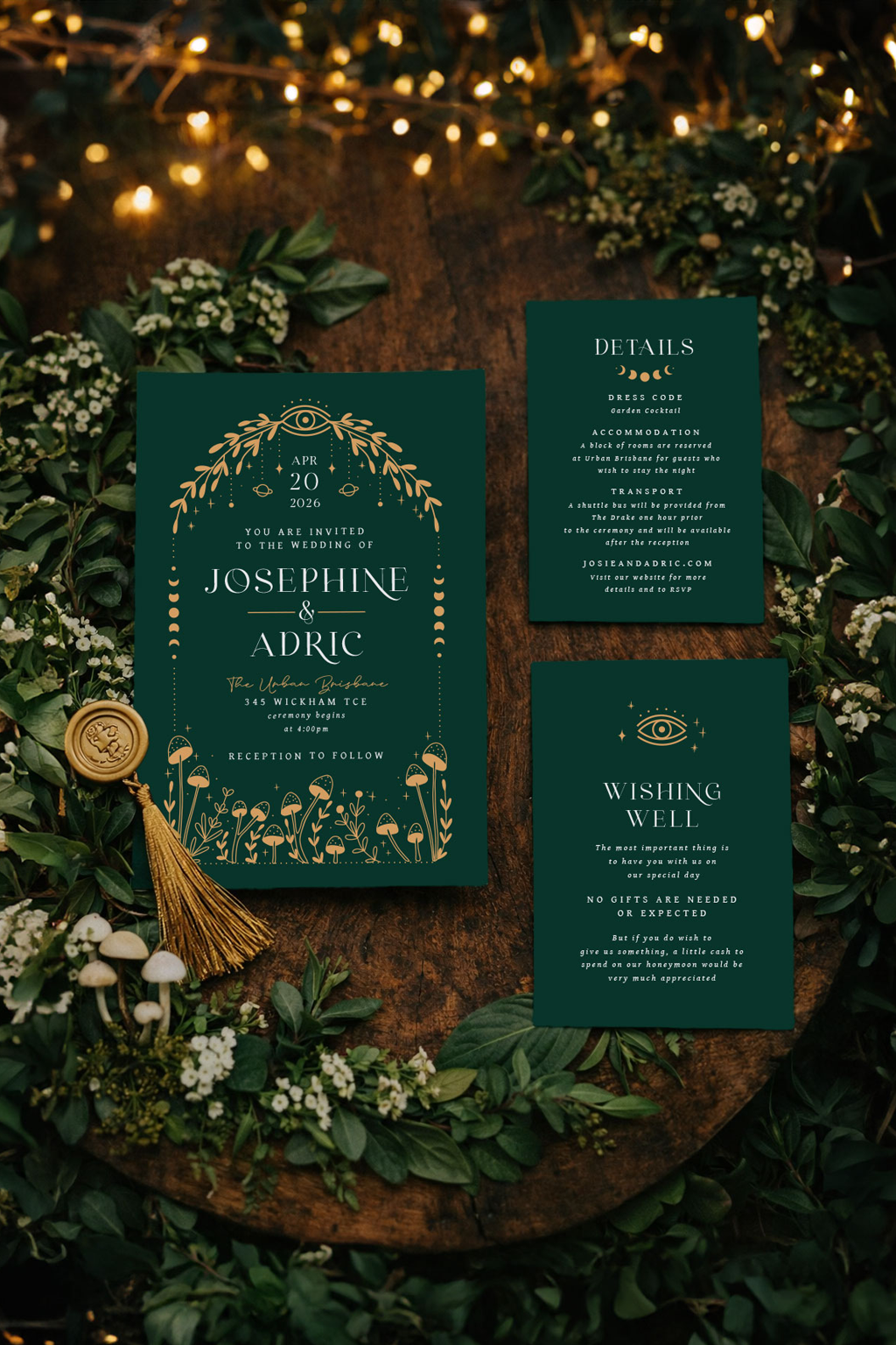 Emerald Woodland Celestial Wedding Stationery